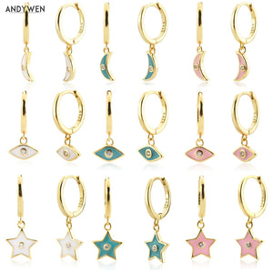 925 Silver Moon Star Enamel Earring Turquoise Pink Piercing