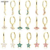 925 Silver Moon Star Enamel Earring Turquoise Pink Piercing