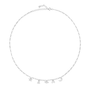 925 Silver Moon Star Global Charm Choker Long Chain Necklace