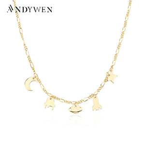925 Silver Moon Star Global Charm Choker Long Chain Necklace
