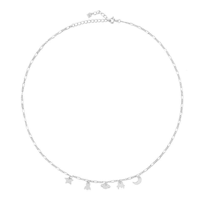 925 Silver Moon Star Global Charm Choker Long Chain Necklace