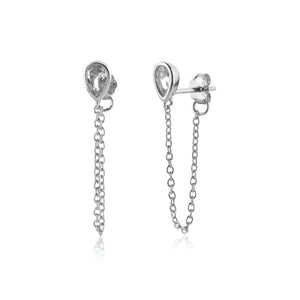 925 Silver Oval Pear Chain Stud Earring Clips Women Fine Jewelry