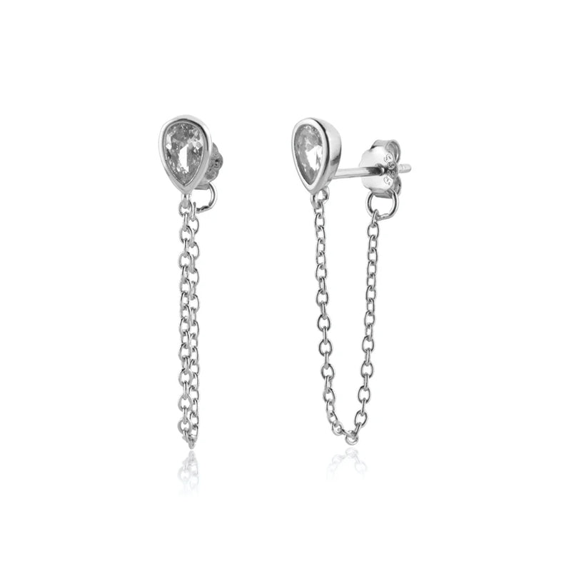 925 Silver Oval Pear Chain Stud Earring Clips Women Fine Jewelry