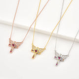 925 Silver Pink Cupid Love Wing Cross Long Chain Necklace Wedding Gift