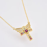 925 Silver Pink Cupid Love Wing Cross Long Chain Necklace Wedding Gift