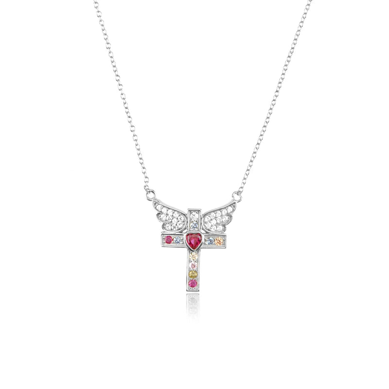 925 Silver Pink Cupid Love Wing Cross Long Chain Necklace Wedding Gift
