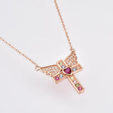 925 Silver Pink Cupid Love Wing Cross Long Chain Necklace Wedding Gift