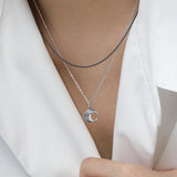 925 Sterling Silver Plain Moon Pendant Long Chain Women Fine Jewelry