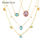 925 Silver Rainbow CZ Charm Choker Long Chain Necklace Women Colorful Jewelry