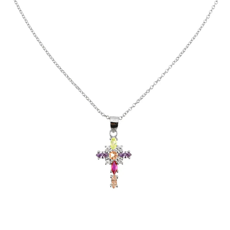 925 Silver Rainbow CZ Cross Pendant Necklace