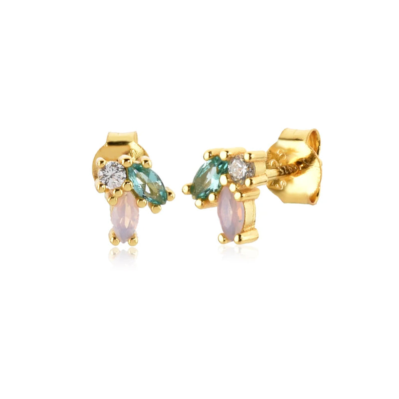 925 Silver Rainbow CZ Three Zircon Stud Earring Piercing Jewelry Women