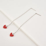 925 Silver Red Heart Drop Earrings Long Chain Women Fine Jewelry