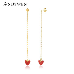 925 Silver Red Heart Drop Earrings Long Chain Women Fine Jewelry