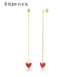 925 Silver Red Heart Drop Earrings Long Chain Women Fine Jewelry