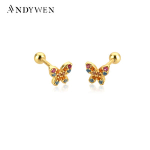 925 Silver Colorful Butterfly Stud Earrings CZ Zircon Jewelry