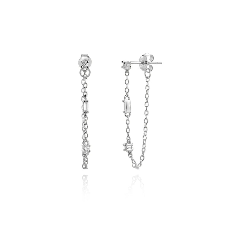 925 Silver 3 CZ Piercing Stud Earring Clear Pendient Women Chain Jewelry