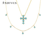 925 Silver Turquoise Zircon Charm Cross Choker Necklace Wedding Gift
