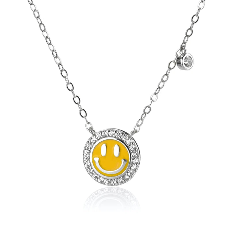 925 Silver Yellow Enamel Smile Coins Pendant Long Chain Necklace