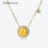 925 Silver Yellow Enamel Smile Coins Pendant Long Chain Necklace