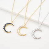 925 Silver Moon Pendant Clear Zircon CZ Long Chain Women Jewelry