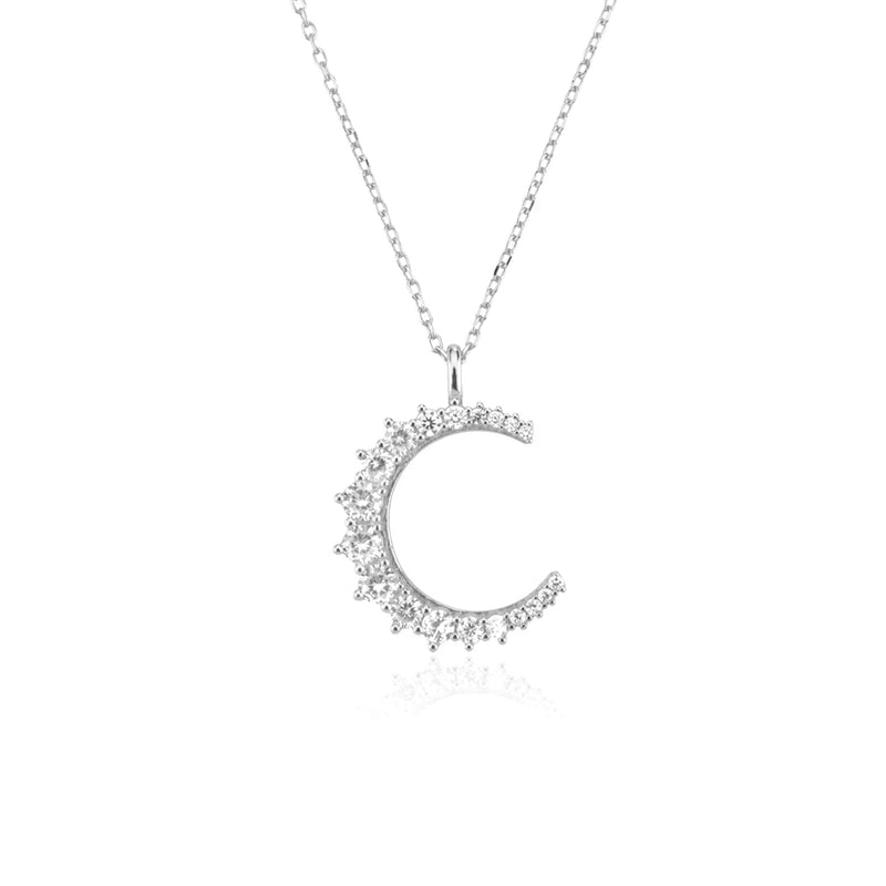 925 Silver Moon Pendant Clear Zircon CZ Long Chain Women Jewelry