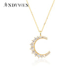 925 Silver Moon Pendant Clear Zircon CZ Long Chain Women Jewelry