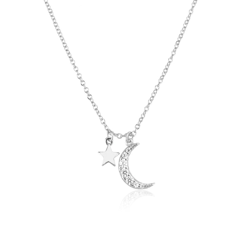925 Silver Zircon Moon Star Pendant Necklace Wedding Jewelry