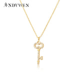 925 Sterling Silver Zircon Pave Key Pendant Long Chain Necklace