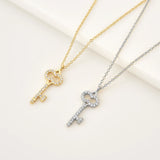 925 Sterling Silver Zircon Pave Key Pendant Long Chain Necklace