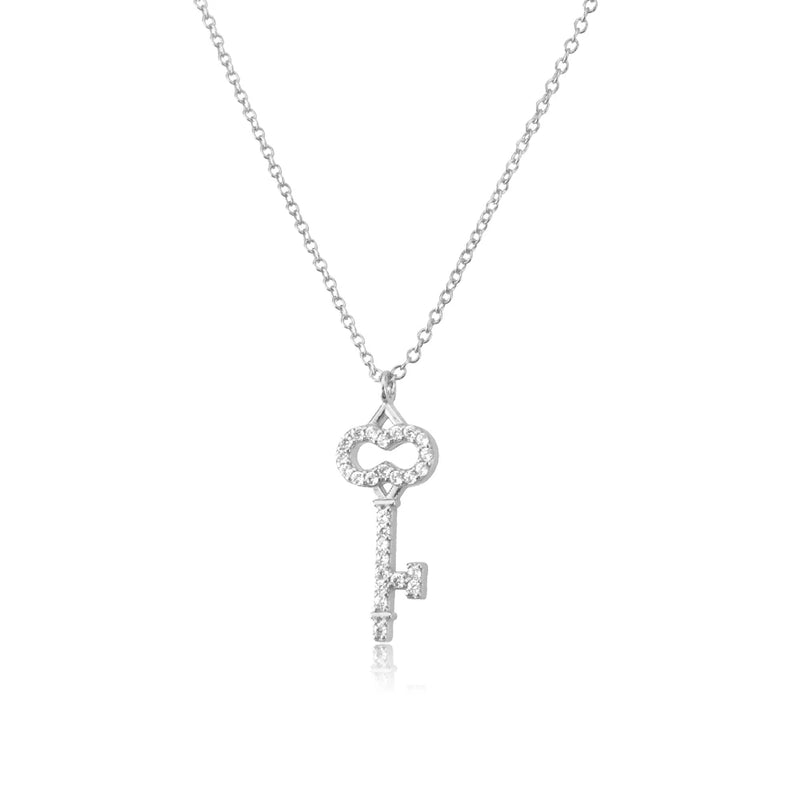 925 Sterling Silver Zircon Pave Key Pendant Long Chain Necklace