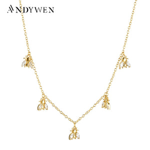 925 Silver Long Chain Choker Necklace Bee Charms Crystal Zircon Jewelry