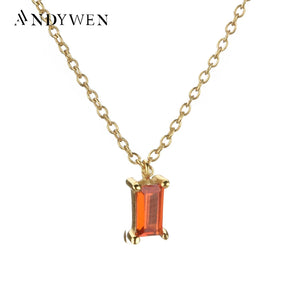 925 Silver Square Zircon Crystal Long Pendant Necklace