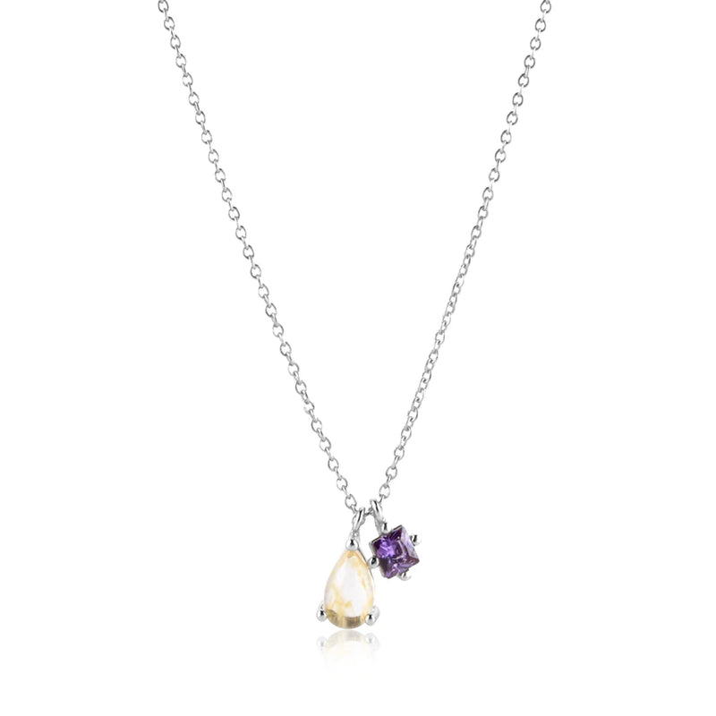 925 Silver Champagne Ovals Pendant Purple Charms Necklace