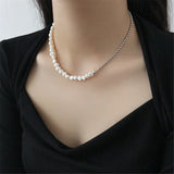 925 Silver Pearl Beads Chain Long Necklace Choker Rock Punk Party Jewelry
