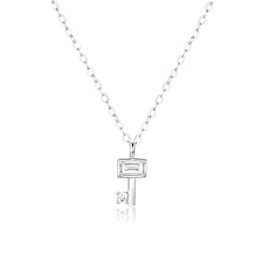 925 Silver Key Pendant Necklace Long Chain Crystal Jewels