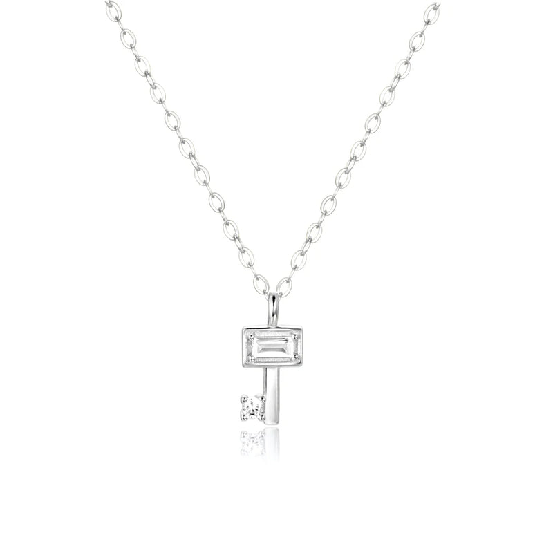 925 Silver Key Pendant Necklace Long Chain Crystal Jewels