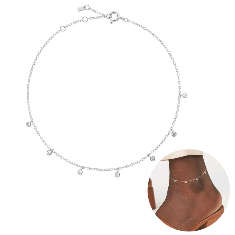 925 Silver Zircon Charm Anklet Foot Chains CZ Slim Women Party Wedding Jewelry