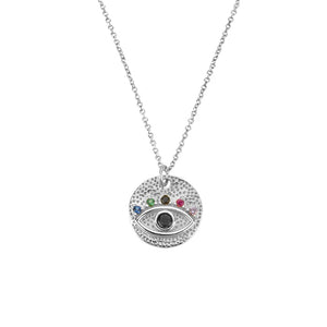 925 Silver Colorful Eye Coins Pendant Necklace, Lucky Eye Women's Jewelry