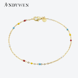 925 Sterling Silver Rainbow CZ Enamel Beads Chain Bracelet Women