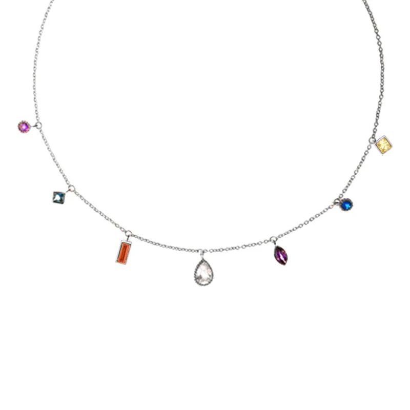925 Silver Zircon Charm Choker Necklace Long Chain Colorful Women Party