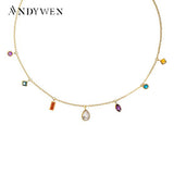 925 Silver Zircon Charm Choker Necklace Long Chain Colorful Women Party