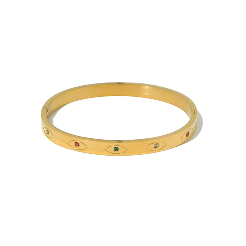 Colorful Crystal Evil Eye Stainless Steel Golden Bangle Bracelet for Women