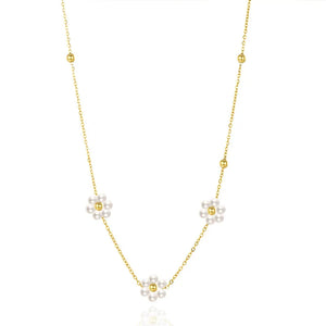 Pearl Beads Daisy Flower Necklace Stainless Steel Chain Choker