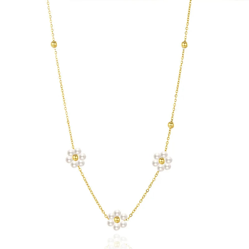 Pearl Beads Daisy Flower Necklace Stainless Steel Chain Choker