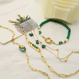 Green Stone Stainless Steel Bracelet 18K Plated Woman Hand Jewelry