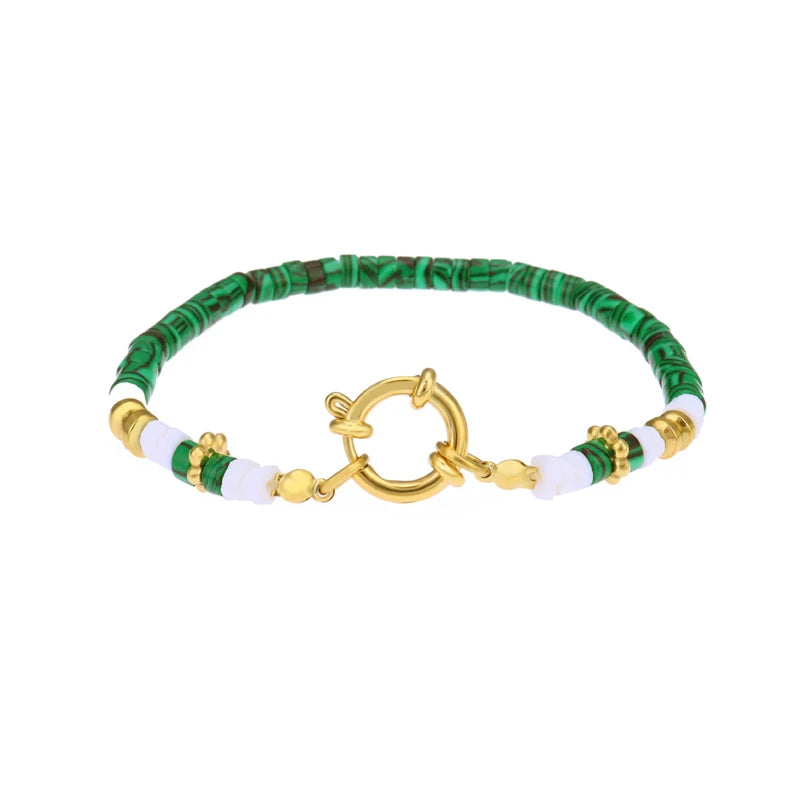 Green Stone Stainless Steel Bracelet 18K Plated Woman Hand Jewelry