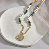 Green Stone Compass Pendant Necklace Stainless Steel Chain Waterproof Jewelry