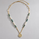 Green Stone Compass Pendant Necklace Stainless Steel Chain Waterproof Jewelry