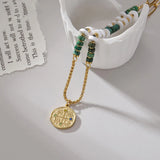 Green Stone Compass Pendant Necklace Stainless Steel Chain Waterproof Jewelry