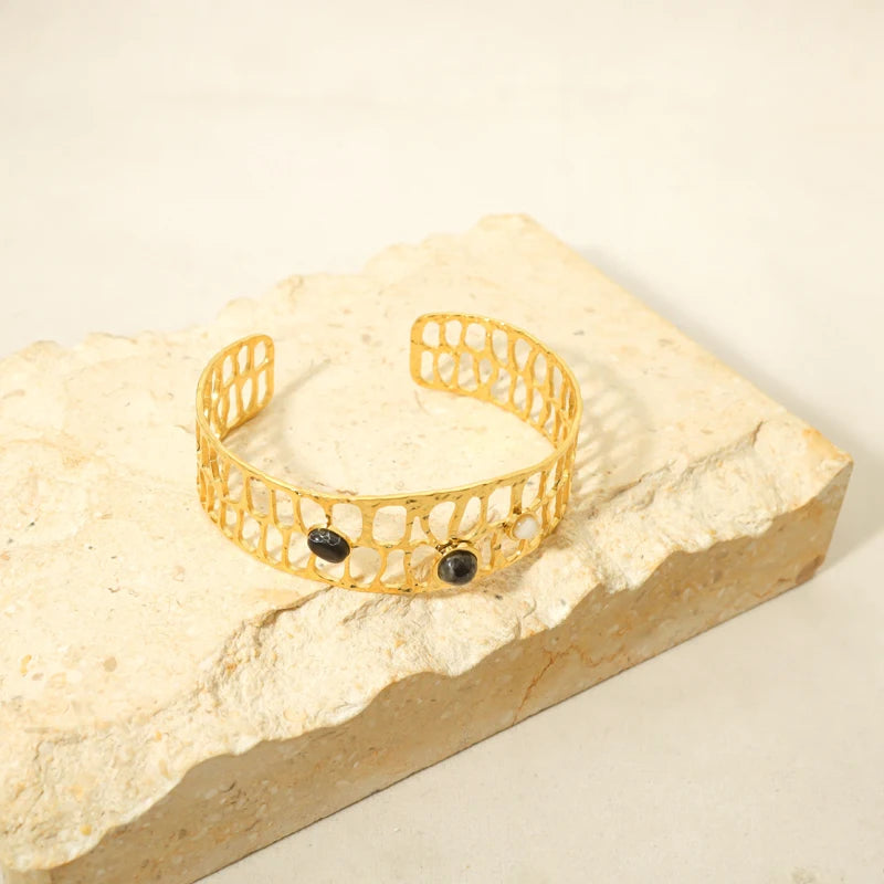 Vintage Stainless Steel Wide Cuff Bangle Stone Charm Bracelet